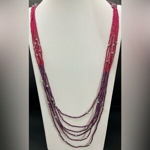 NY & CO 28 INCH MULTI LAYER SEED BEED PURPLE PINK STRAND NECKLACE